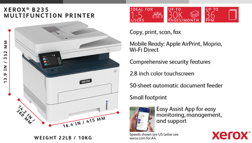 Xerox B235 A4 34ppm Wireless Duplex Copy/Print/Scan/Fax PS3 PCL5e/6 ADF 2 Trays Total 251 Sheets - Image 8
